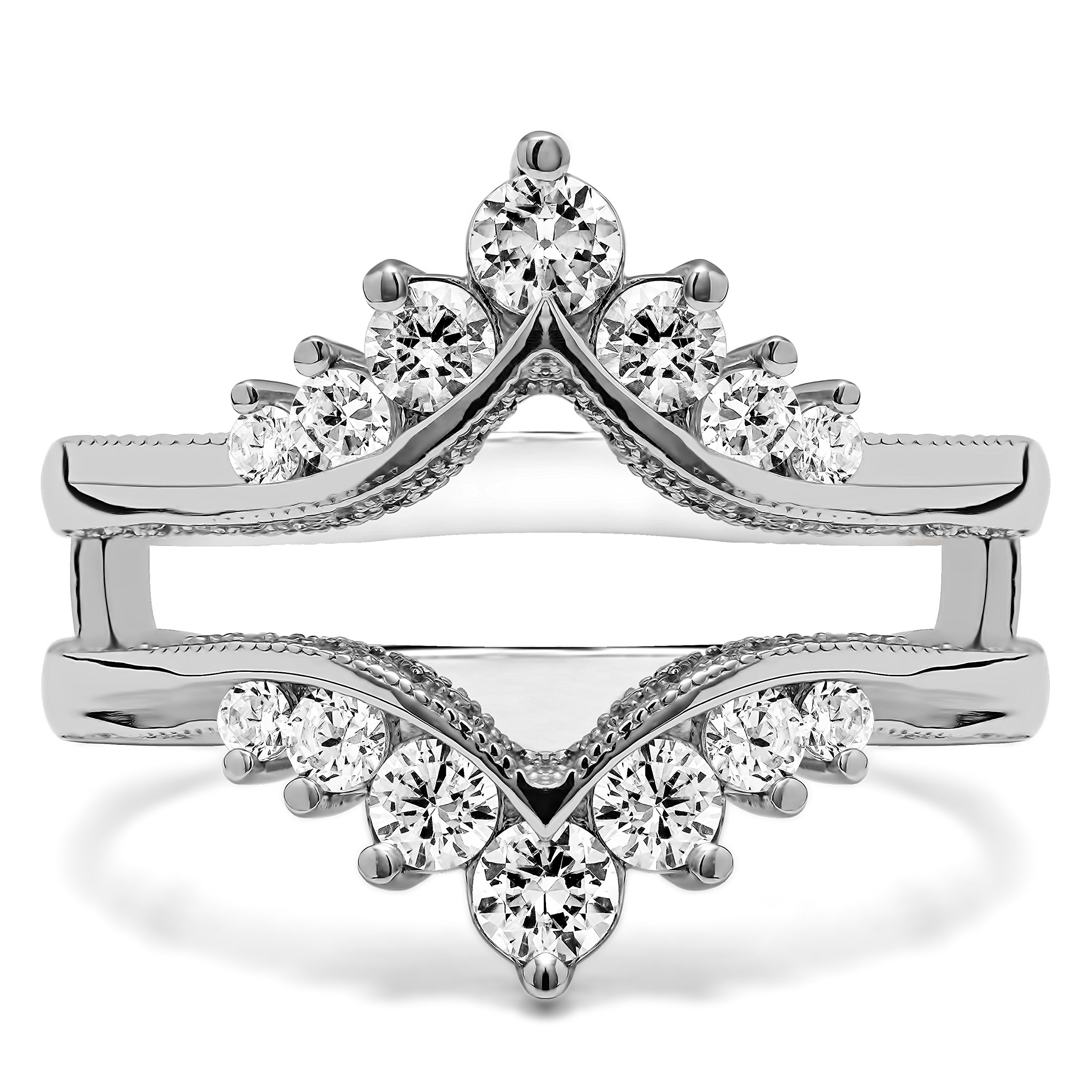 TwoBirch Sterling Silver Chevron Vintage Ring Guard with Millgrained Edges and Filigree Cut Out Design With Cubic Zirconia (0.74 ct., Size 9)