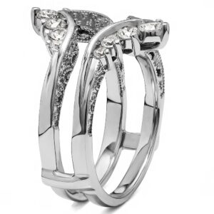 TwoBirch Sterling Silver Chevron Vintage Ring Guard with Millgrained Edges and Filigree Cut Out Design With Cubic Zirconia (0.74 ct., Size 9)