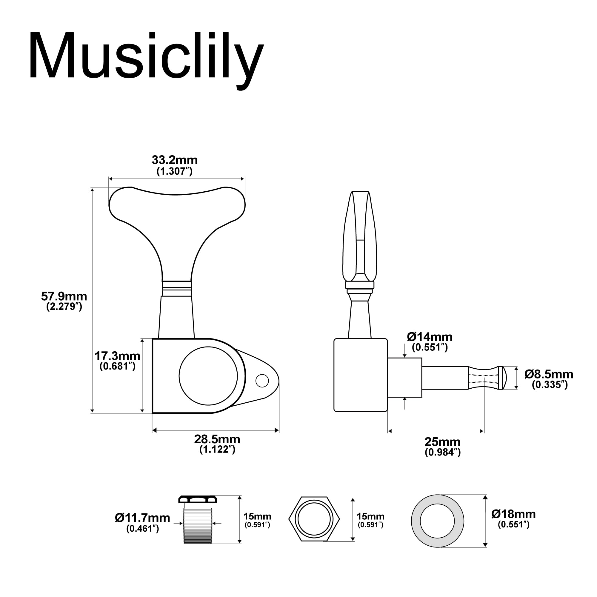 Musiclily 3+3 Sealed Bass Tuning Pegs Keys Machine Head Tuners for Precision Bass or Jazz Bass, Black