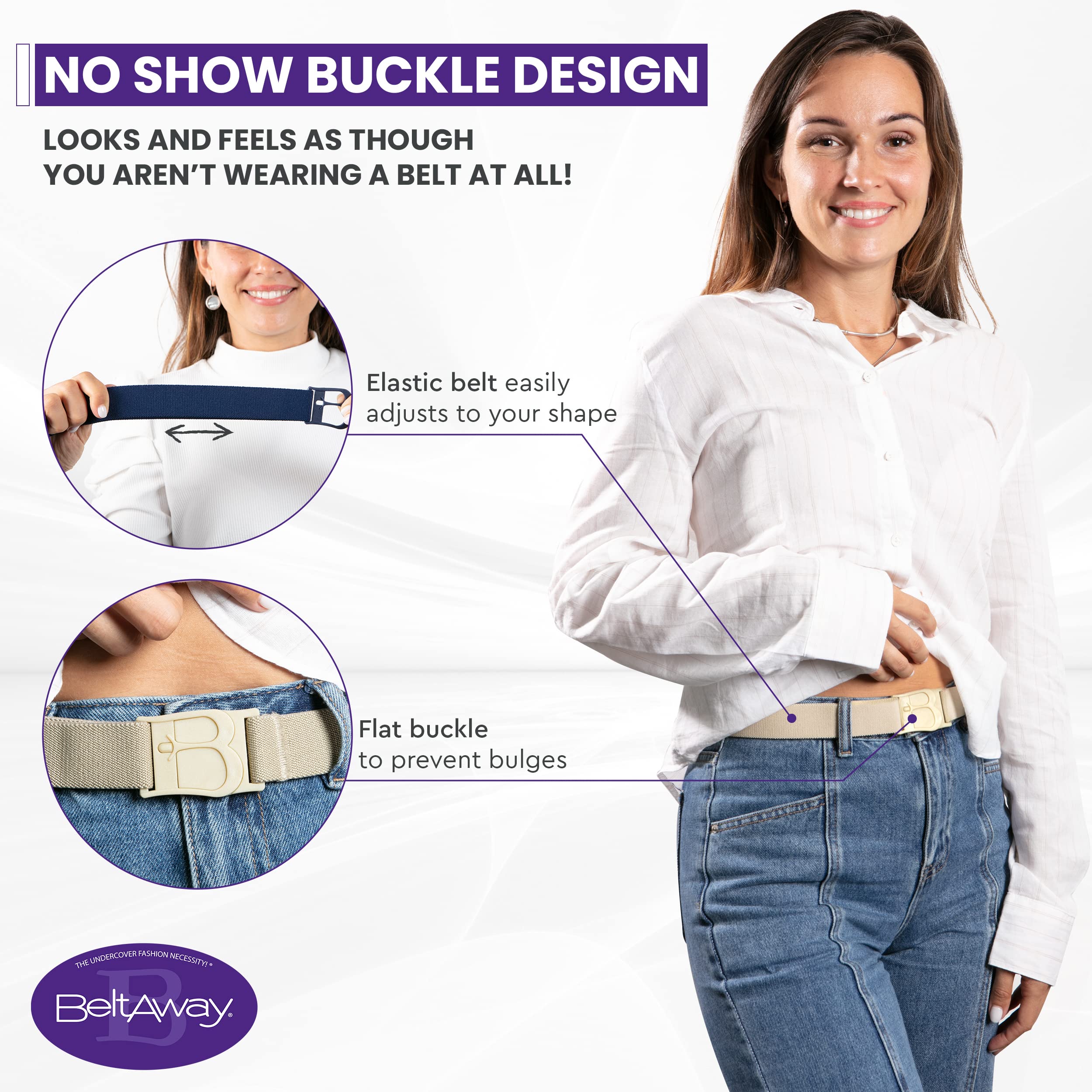 BELTAWAY Elastic Belt for Women - No Show Stretch Belt With Flat Buckle - Adjustable No Show Belt For Jeans & Pants, Invisible, ComfortableDenim