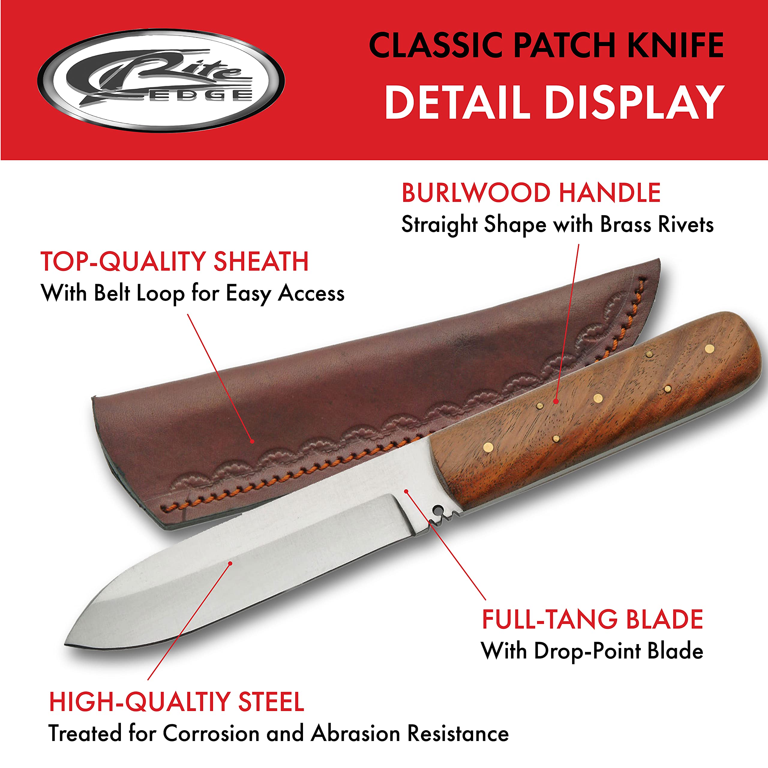 Szco Supplies 8.5” Classic Wood Handle Full-Tang Fixed-Blade Patch Knife with Leather Sheath,Brown