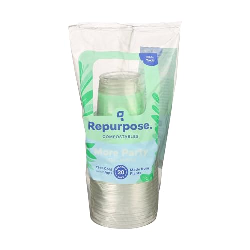 Repurpose Compostables Plant-Based Clear Cold Cup, 12 Ounce Party Cups, 20 Cups