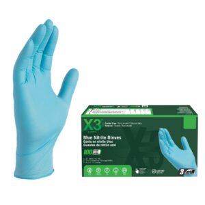 x3 blue nitrile disposable industrial gloves 3 mil, latex/powder-free, food-safe, non-sterile, textured, xx-large, box of 100