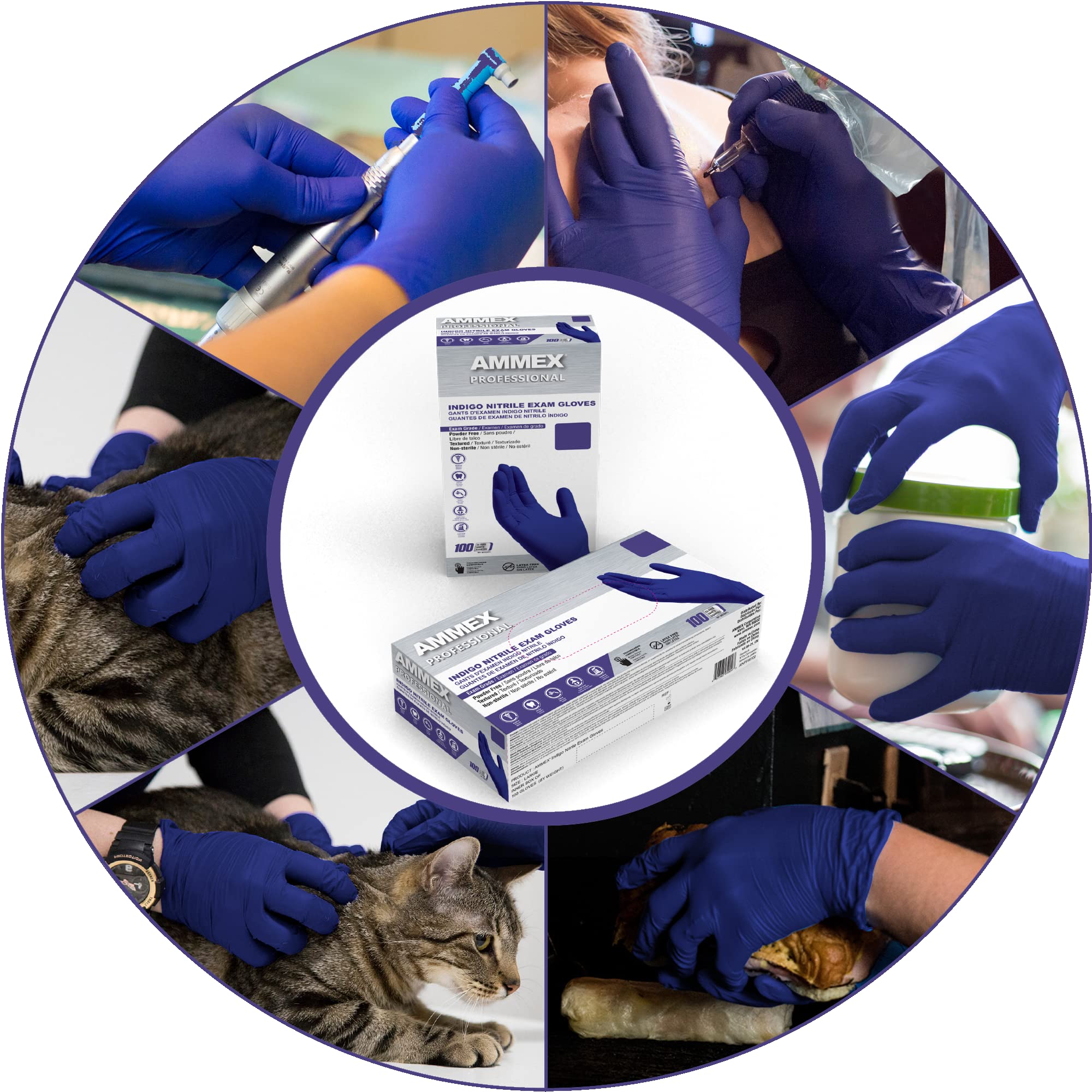 AMMEX Indigo Nitrile Exam Gloves, 3 Mil, Latex Free, Powder Free, Textured, Disposable, Non-Sterile, Food Safe