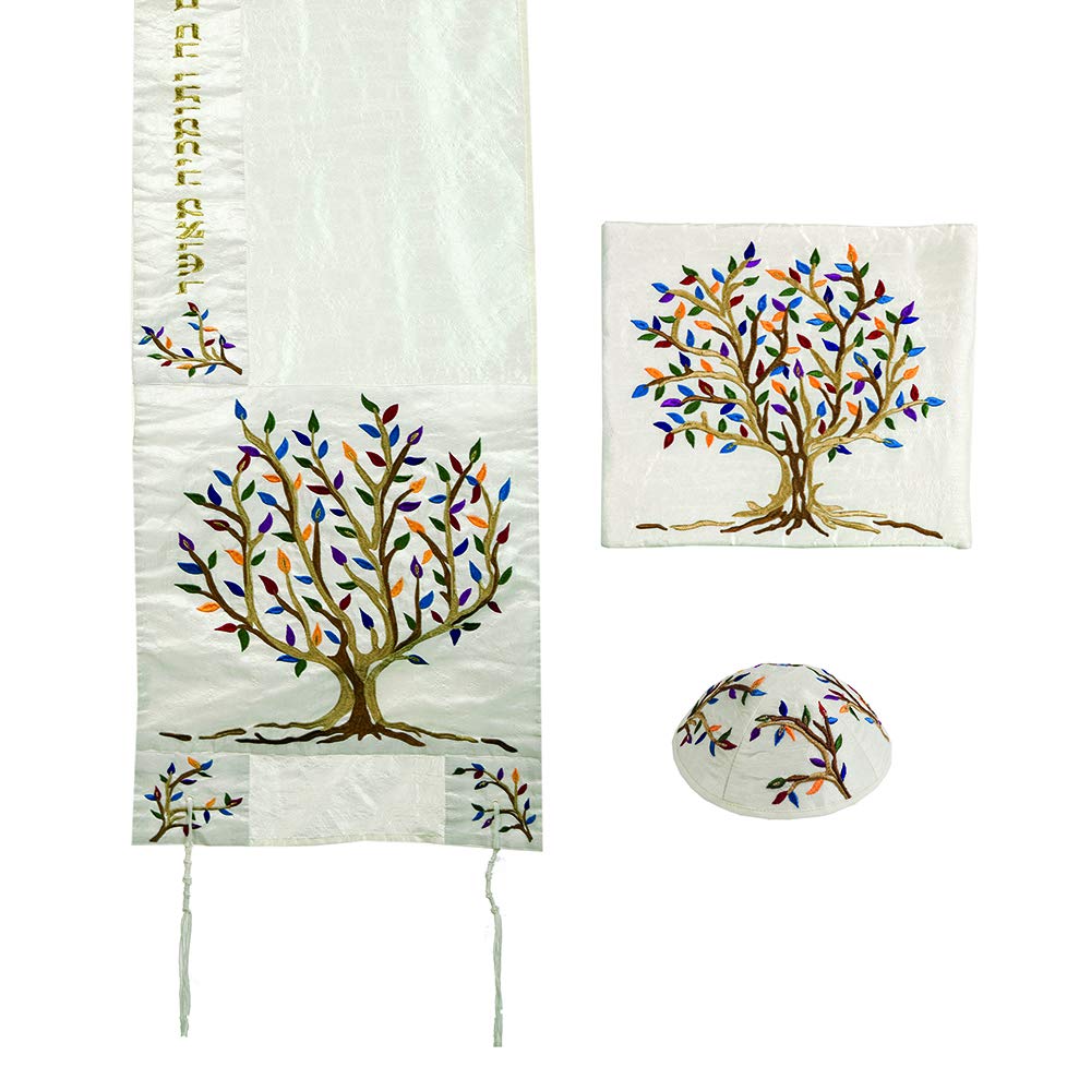 Yair Emanuel Multicolor Tree of Life Design Embroidered Raw Silk White Tallit Set