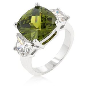 kate bissett triplet cocktail ring with a cushion cut olive cz center stone and shouldered clear cz size 7