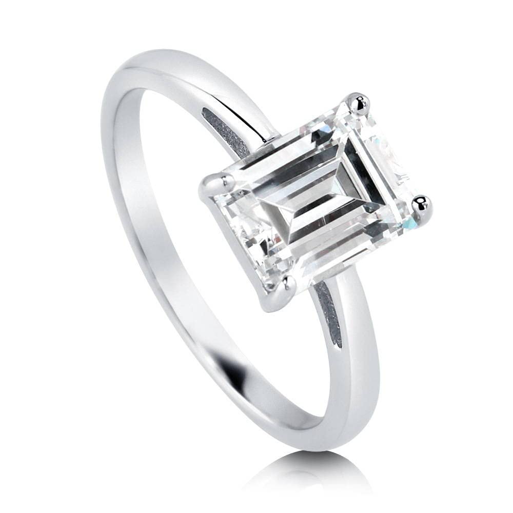 BERRICLE Sterling Silver Solitaire Wedding Engagement Rings 2.1 Carat Emerald Cut Cubic Zirconia CZ Ring for Women, Rhodium Plated Size 4.5