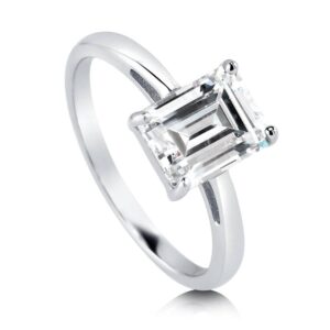 BERRICLE Sterling Silver Solitaire Wedding Engagement Rings 2.1 Carat Emerald Cut Cubic Zirconia CZ Ring for Women, Rhodium Plated Size 6