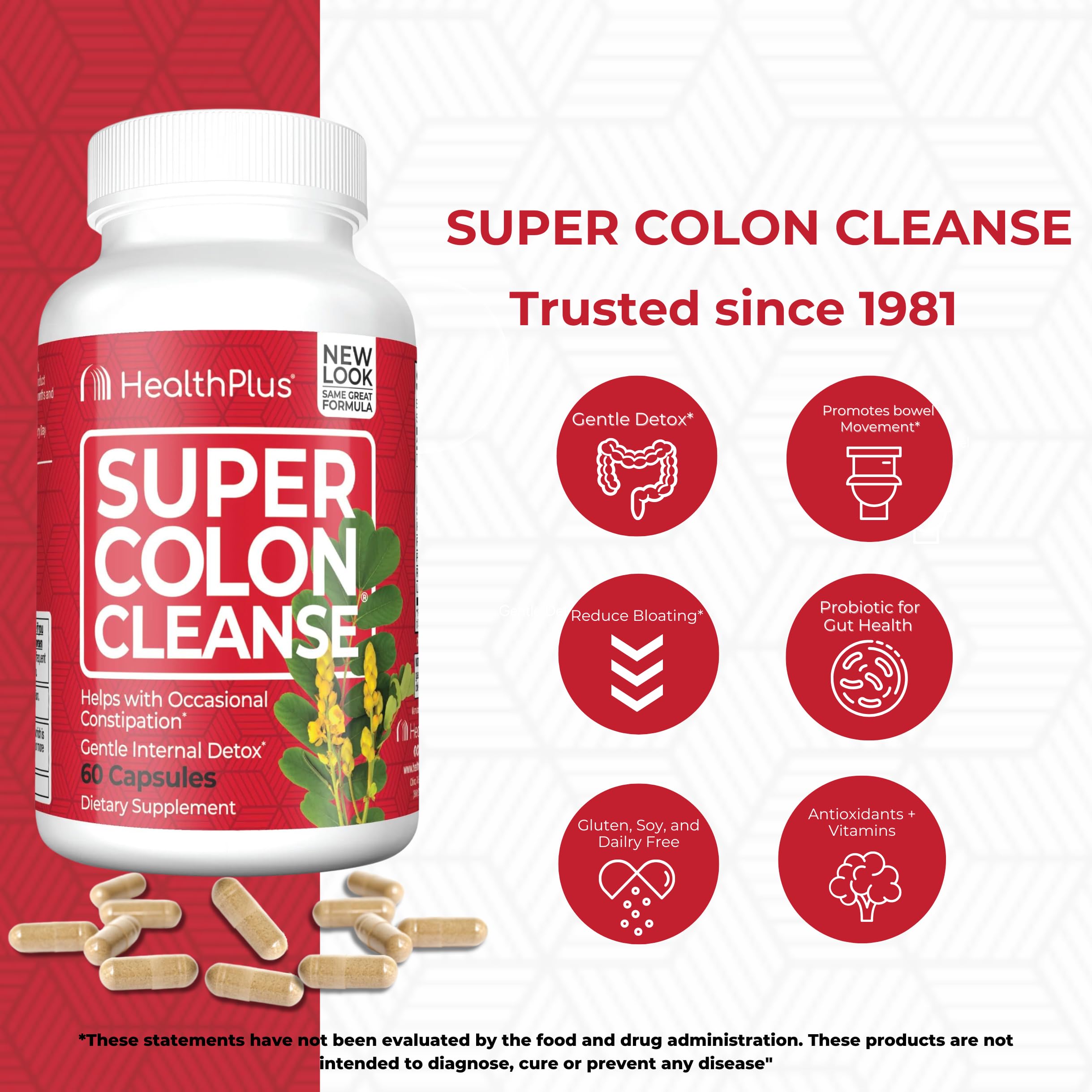 Health Plus Super Colon Cleanse 10 Day Gentle Gut Cleanse Detox, Psyllium Husk, Probiotics for Constipation Relief & Digestive Support, 60 Capsules