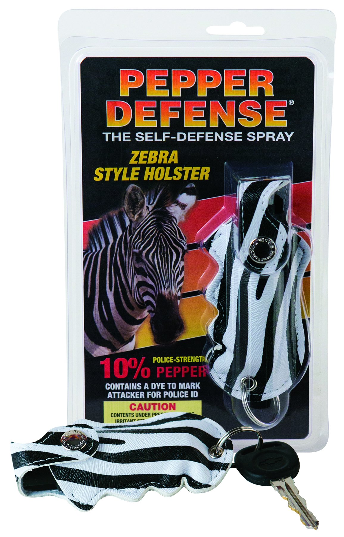 Pepper Defense 1/2 oz. Pepper Spray with Grip Holster and Keychain Attachment - Safety Twist Lock Glow Trigger - Maximum Strength 10% OC Formula - Self Defense Personal Protection (Zebra 1-Pack)