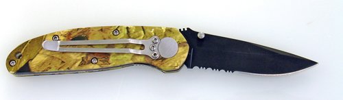 Camouflaged Handled Hunting Knife with a single 7 Folding Straight Edge Black Serrated Blade made of 440 Stainless Steel