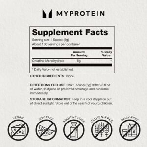 Myprotein Creatine Monohydrate Powder, 1.1 Lb (100 Servings) Pure Unflavored Creatine Powder, Post/Pre Workout Supplement for All Sports and Exercises, Gluten Free, Vegan, Dissolves Easy