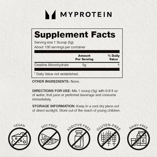 Myprotein Creatine Monohydrate Powder, 1.1 Lb (100 Servings) Pure Unflavored Creatine Powder, Post/Pre Workout Supplement for All Sports and Exercises, Gluten Free, Vegan, Dissolves Easy