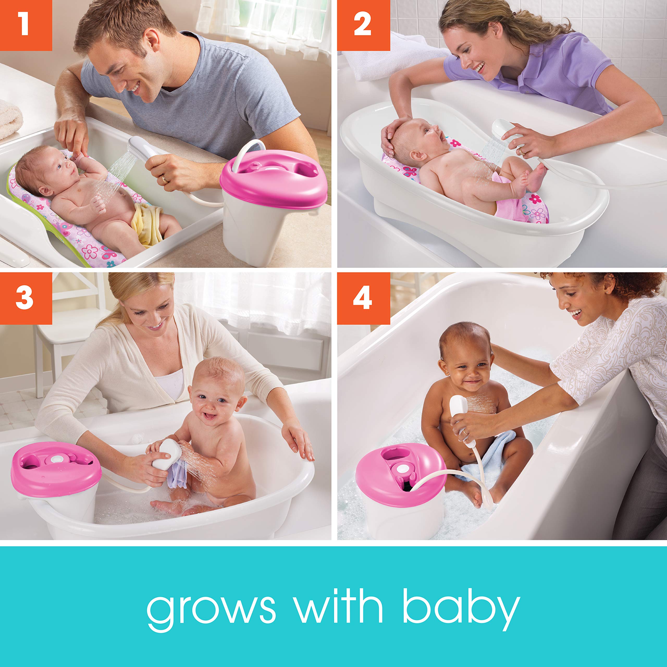 Summer Newborn to Toddler Bath Center and Shower (Pink) – Bathtub Includes Four Stages that Grow with Your Child