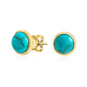 Simple Blue Compressed Blue Turquoise Bezel Set Round Dome Button Stud Earrings For Women 14K Gold Plated .925 Sterling Silver