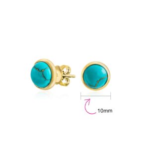 Simple Blue Compressed Blue Turquoise Bezel Set Round Dome Button Stud Earrings For Women 14K Gold Plated .925 Sterling Silver