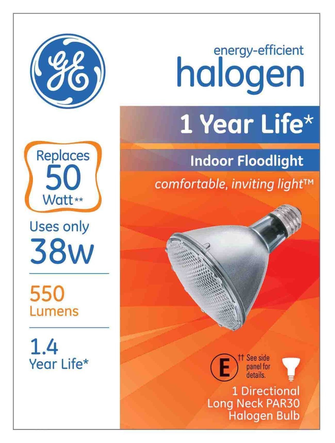 GE Lighting 69168 38-watt PAR30 Long Neck, 550-Lumens, Energy-Efficient Halogen Floodlight Bulb with Medium Base, (1-Pack)