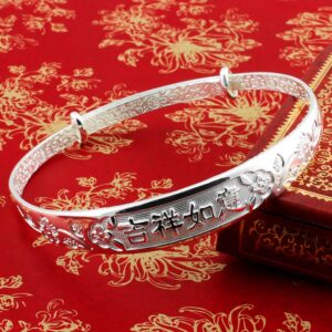 Merdia Women's 999 Solid Sterling Silver Chinese Style Luck Adjustable Bangle Bracelet for Women, Ladies and Elder | Lucky Jewelry for Women | Sterling Silver Bangle