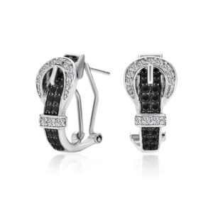 Black White Cubic Zirconia Pave CZ Belt Buckle Stud Drop Earrings For Women Omega Back 14K Gold Plated Brass