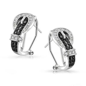 Black White Cubic Zirconia Pave CZ Belt Buckle Stud Drop Earrings For Women Omega Back 14K Gold Plated Brass