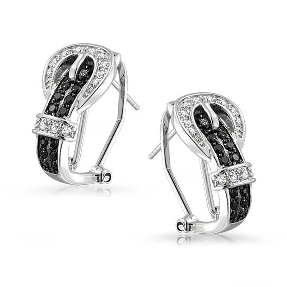 Black White Cubic Zirconia Pave CZ Belt Buckle Stud Drop Earrings For Women Omega Back 14K Gold Plated Brass