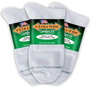 extra wide comfort fit athletic quarter socks (pack of 3) fits up to a 6e width, made in usa (x-large, white)