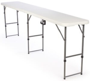 displays2go adjustable-height folding tables are portable and can be adjusted to 3 separate heights