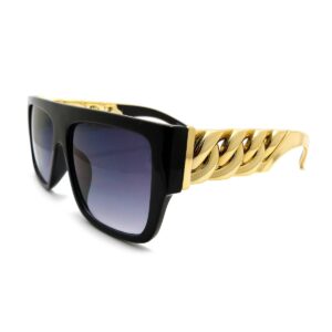 High Fashion Metal Chain Arm Flat Top Aviator Sunglasses (Shiny Black Gold)