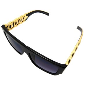 High Fashion Metal Chain Arm Flat Top Aviator Sunglasses (Shiny Black Gold)