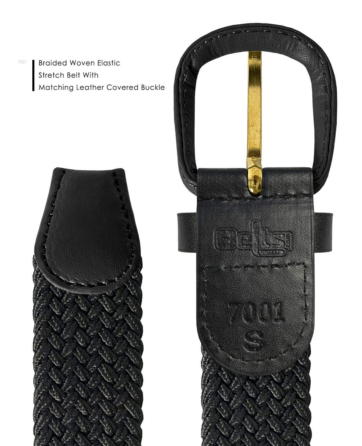 Belts.com Leather Covered Buckle Woven Elastic Stretch Belt, Black, (XL(40"-43")