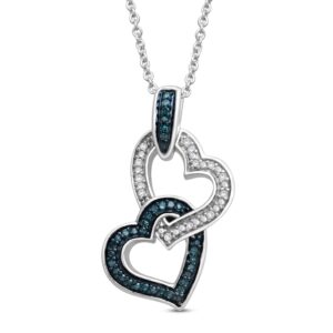 jewelili double heart necklace pendant with treated blue and natural white round diamonds in sterling silver 1/6 cttw 18 inch cable chain