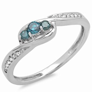 Dazzlingrock Collection 0.25 Carat (Cttw) 10k Round Blue & White Diamond Women 3 Stone Promise Ring 1/4 CT, White Gold, Size 7