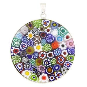 Glass Of Venice Murano Glass Millefiori Pendant Necklace Multicolor in Silver Frame 1-1/2 inch For Women Handmade In Venice, Italy