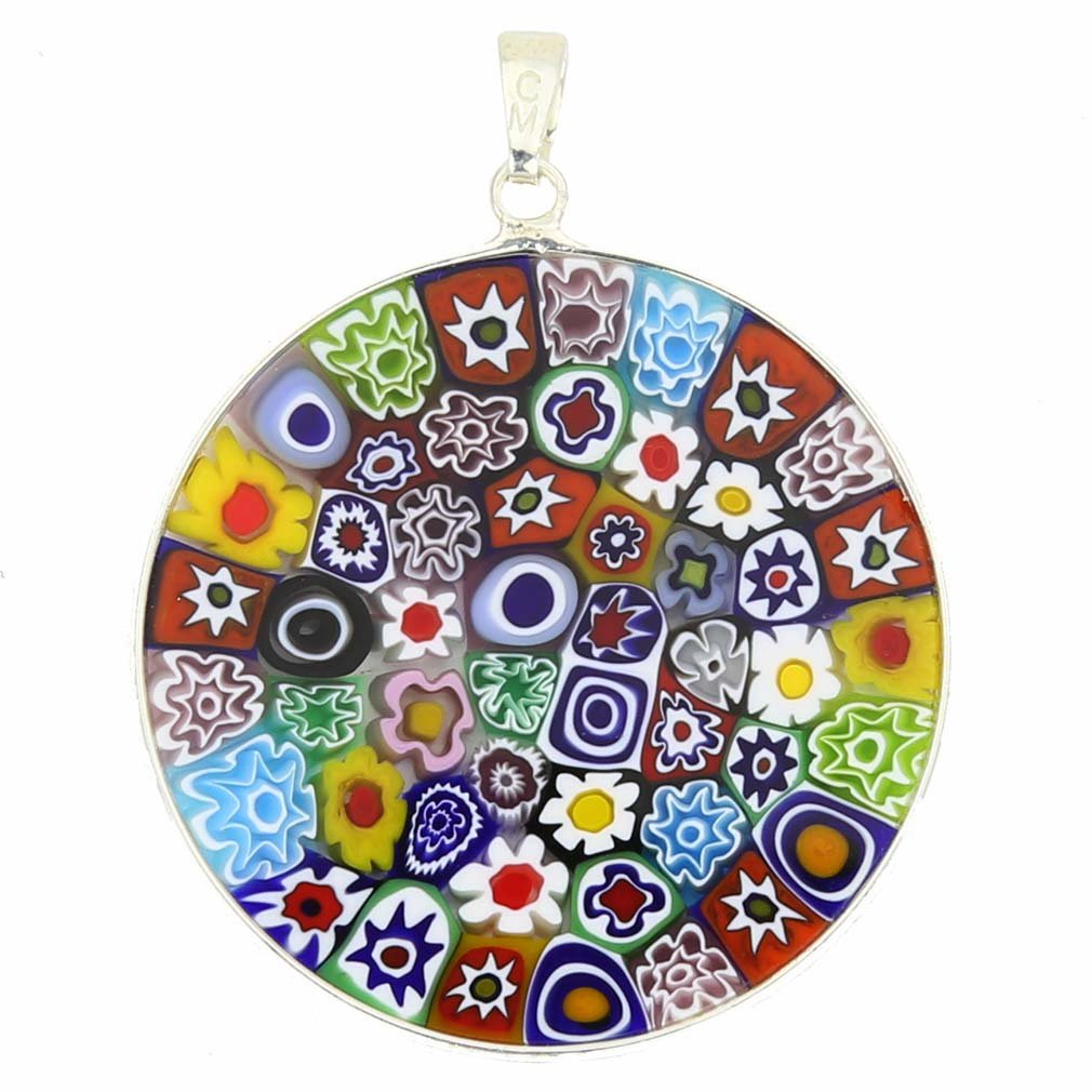 Glass Of Venice Murano Glass Millefiori Pendant Necklace Multicolor in Silver Frame 1-1/2 inch For Women Handmade In Venice, Italy