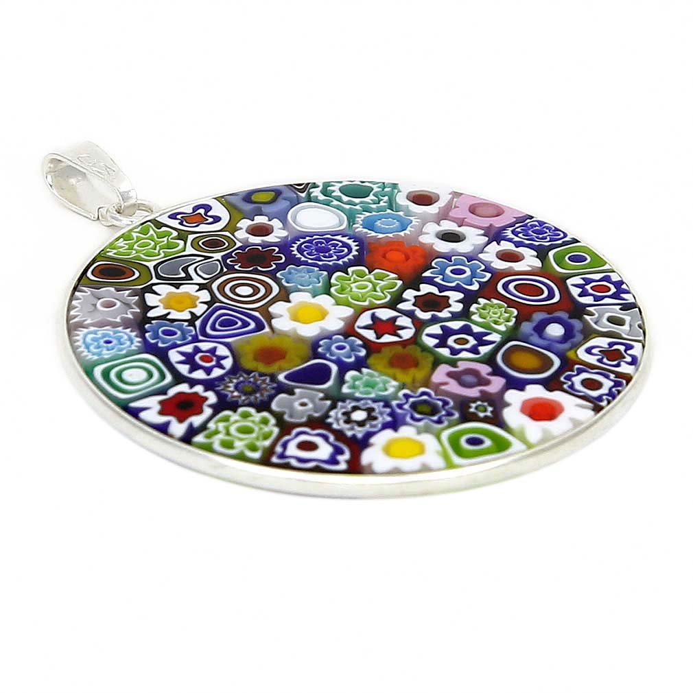 Glass Of Venice Murano Glass Millefiori Pendant Necklace Multicolor in Silver Frame 1-1/2 inch For Women Handmade In Venice, Italy