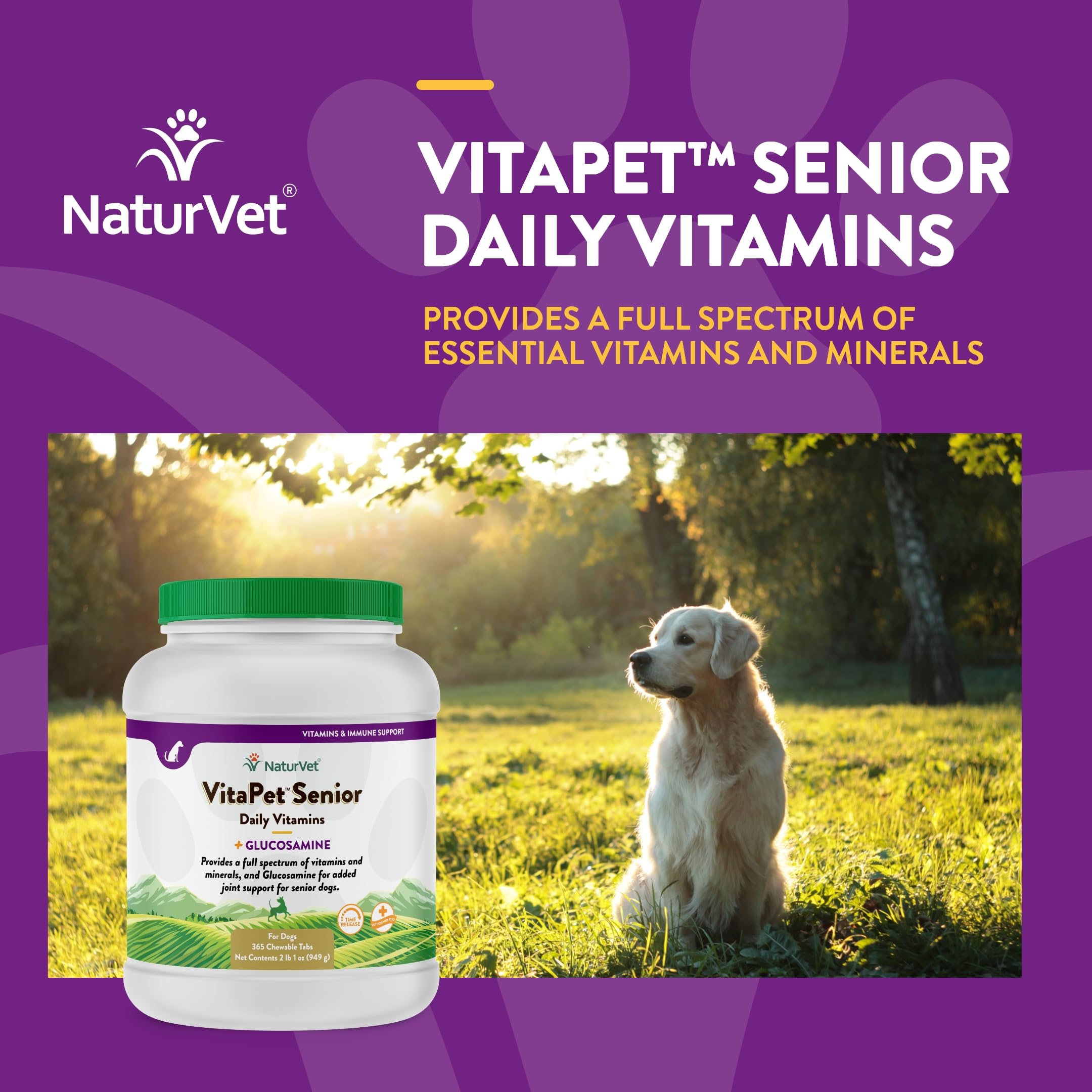 NaturVet –VitaPet Senior Daily Vitamins for Senior Dogs – Plus Glucosamine – Full Spectrum of Vitamins & Minerals – Enhanced with Glucosamine for Added Joint Support – 365 Time Release Tablets