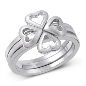 925 sterling silver two-piece stackable four leaf clover heart ring size 5