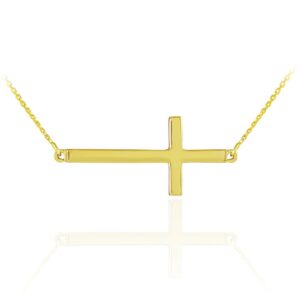 14K Yellow Gold Classic Horizontal/Sideways Cross Necklace on Rolo Chain - 18"