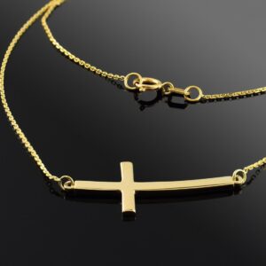 14K Yellow Gold Curved Pendant Sideways Cross Necklace with 20" Rolo Chain