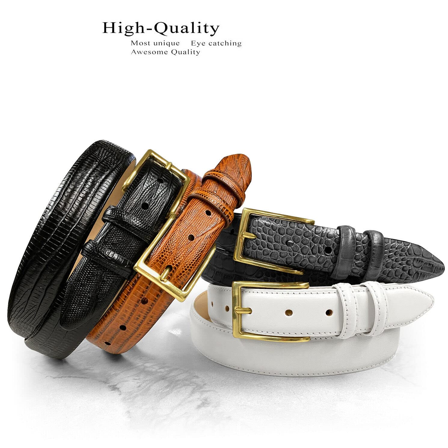 Adam Gold Men's Genuine Italian Calfskin Leather Dress Belt 1-1/8"(30mm) Wide Polished Buckle (Smooth Black, 36)