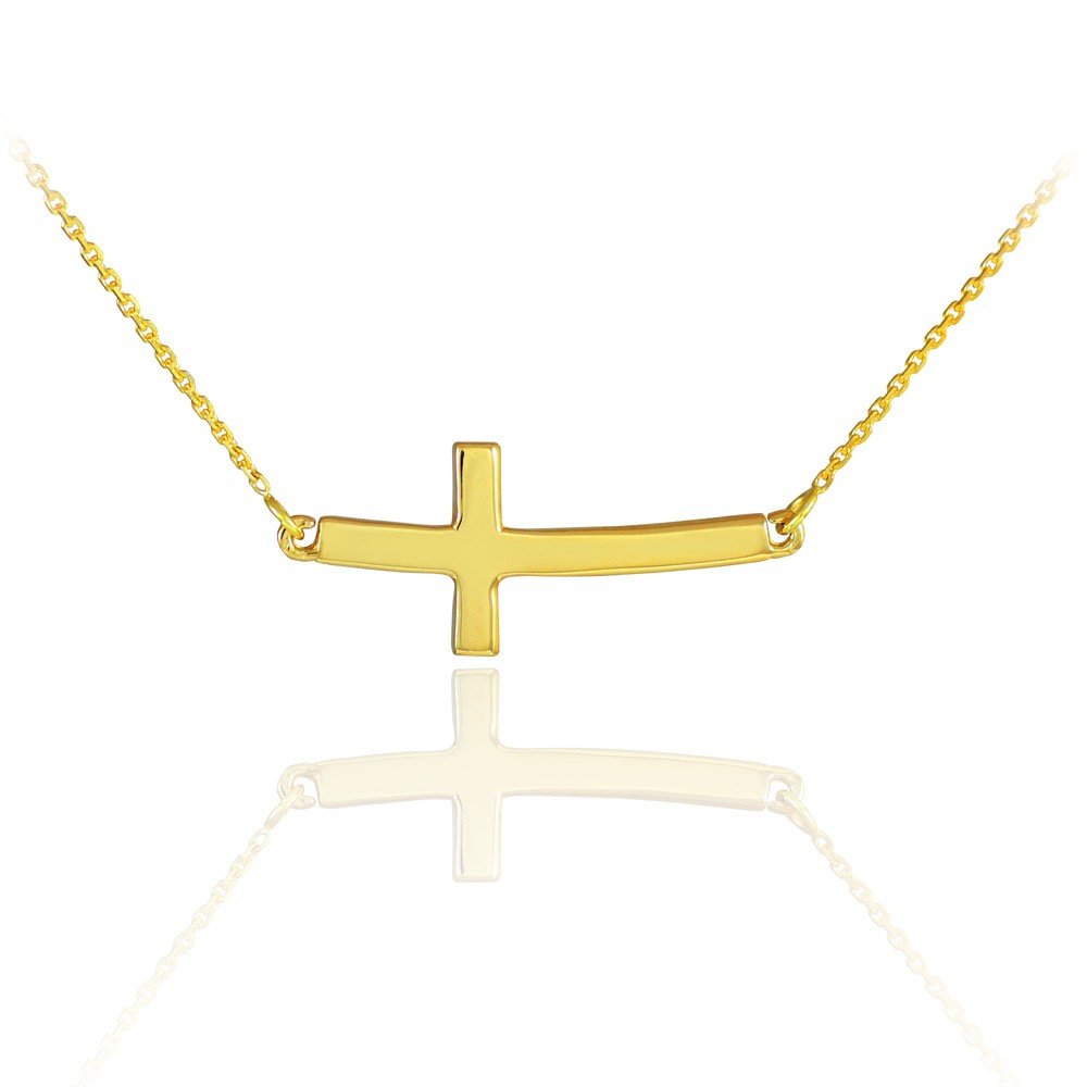 14k Gold Curved Sideways Cross Necklace (16 Inches)