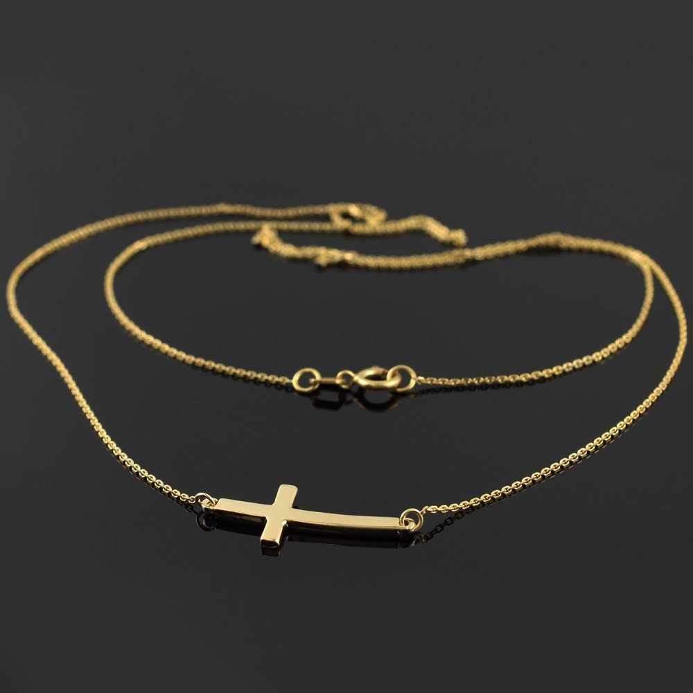 14k Gold Curved Sideways Cross Necklace (16 Inches)