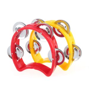 musiclily plastic 6 inch handheld half moon tambourines percussion jingles musical instrument, red/yellow(pack of 2)