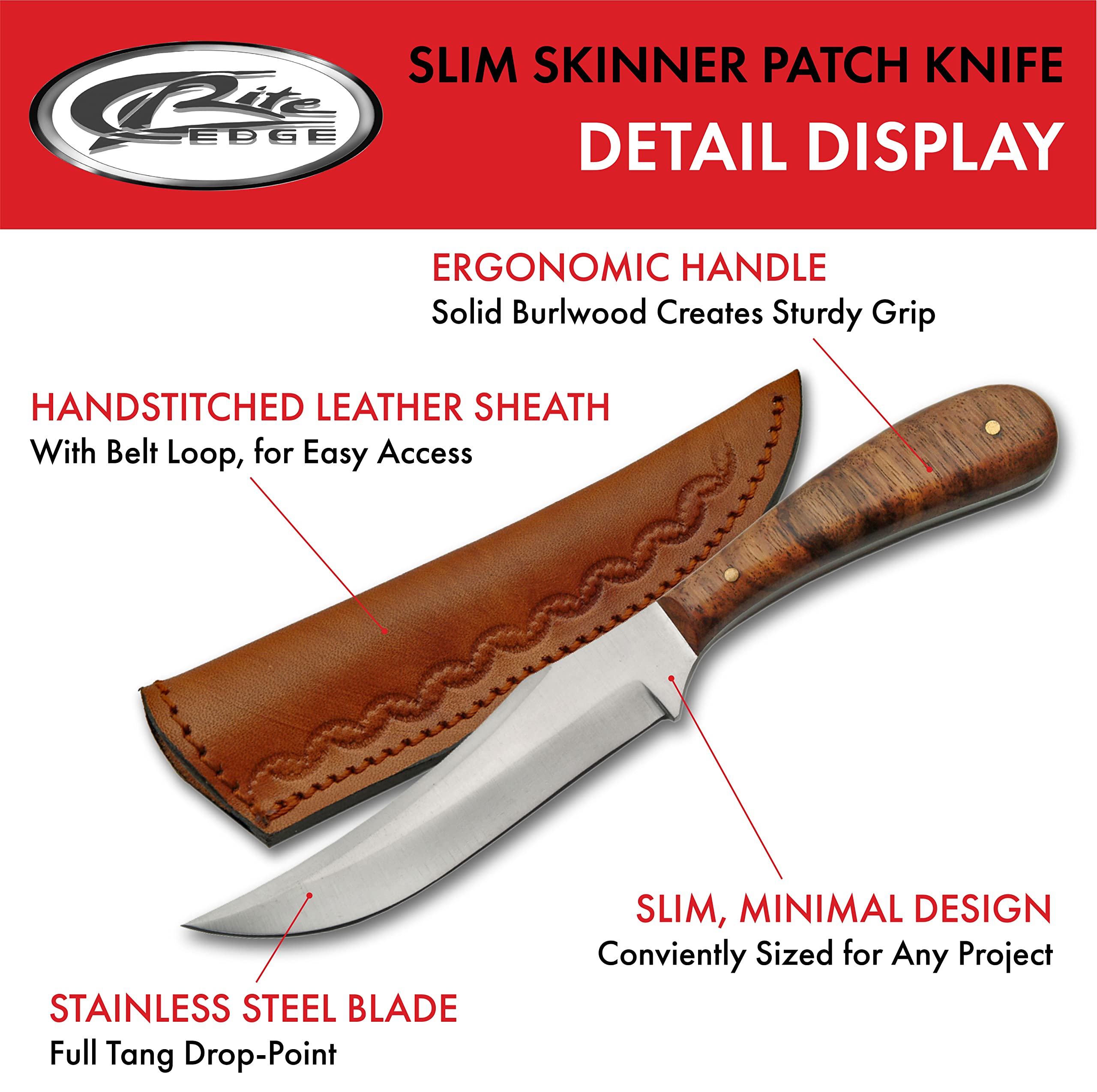 SZCO Supplies 7” Slim Skinner Patch Hunting Knife W/Sheath, Brown, One Size (DH-7992)