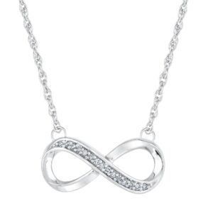 women's & ladies 925 sterling silver infinity sign diamond accented pendant necklace, infinity sign endless love 1/10 ctw (carat total weight) diamond & silver necklace, 16" inch rope chain necklace