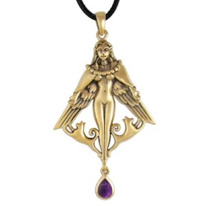 Dryad Design Bronze Freya Pendant with Natural Amethyst - Norse Goddess Freyja Jewelry 2 1/8 inches (5.4 cm)