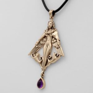 Dryad Design Bronze Freya Pendant with Natural Amethyst - Norse Goddess Freyja Jewelry 2 1/8 inches (5.4 cm)