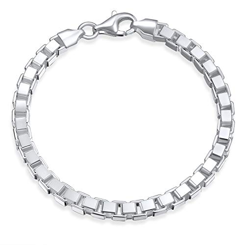 Unisex Solid Mirror Venetian Box Link Chain Bracelet For Men Teen .925 Sterling Silver Made In Italy 8 Inch