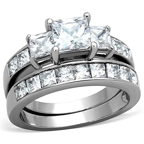 Lanyjewelry Three Stone 6mm Princess CZ Stainless Steel Wedding Ring Set- Size 7