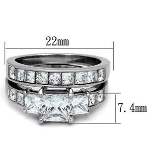 Lanyjewelry Three Stone 6mm Princess CZ Stainless Steel Wedding Ring Set- Size 7